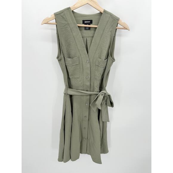DKNY Women Button Front Dress Size 2 Olive Green Belted Sleeveless Career Office - Picture 1 of 10